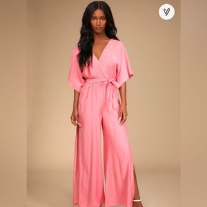 Lulus Up To Love Pink Dolman Sleeve Surplice Wide-Leg Jumpsuit